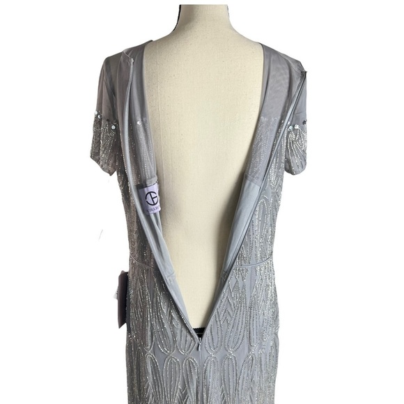 JS Collections Illusion Yoke Beaded Column Gown Dress Silver / Grey plus Formal - Picture 10 of 15